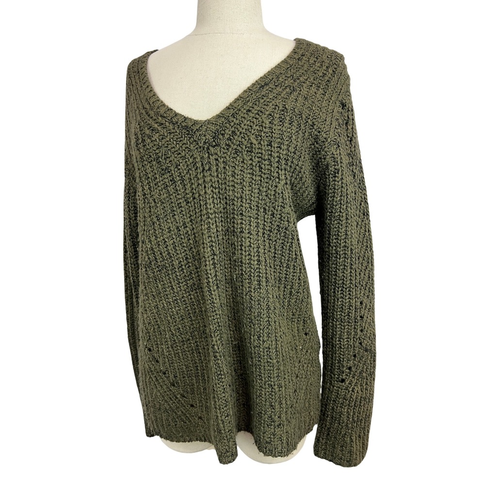 John + Jenn V-Neck Sweater Womens S Olive Green Excellent Shaker Knit Pullover
